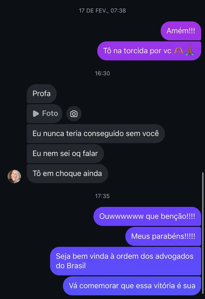 Aluna escreve: Eu nunca teria conseguido sem você. Resposta da professora dá boas-vindas à Ordem dos Advogados.
