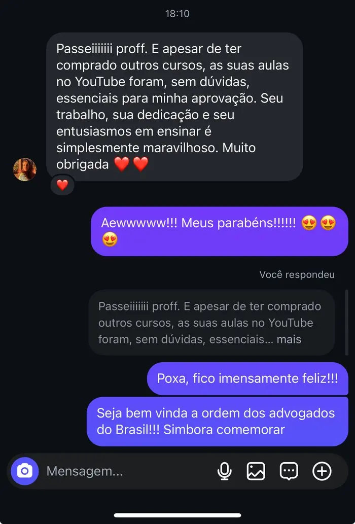 Aluna escreve que as aulas no YouTube foram essenciais para a aprovação.