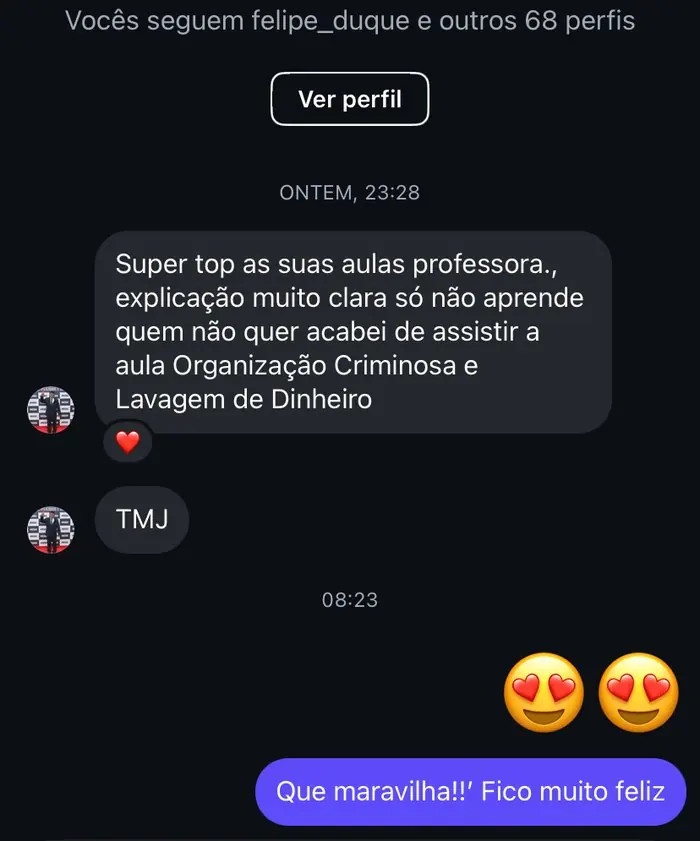 Aluna elogia a clareza da aula sobre Organização Criminosa e Lavagem de Dinheiro.